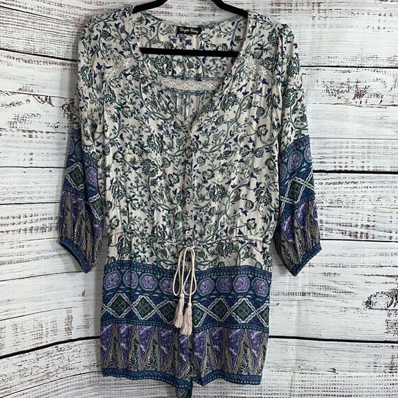 Brigitte Bailey Romper Womens size Small paisley Boho button Up Tassel Floral - Picture 2 of 14